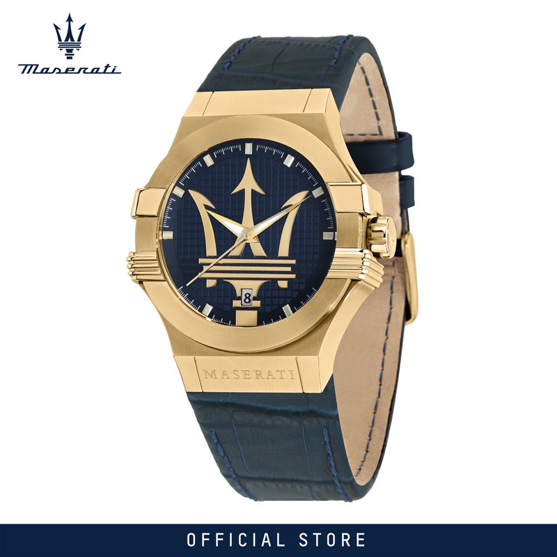 【2 Years Warranty】 Maserati Potenza Blue Leather Strap นาฬิกาข้อมือes R8851108035 With Luminous Dial Hands