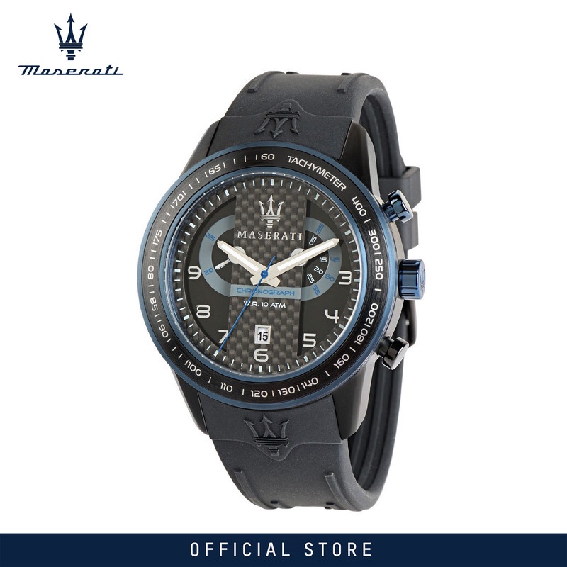 【2 Years Warranty】 Maserati Corsa 46mm Black Silicon Strap Men's Chronograph Quartz นาฬิกาข้อมือ R8871610002