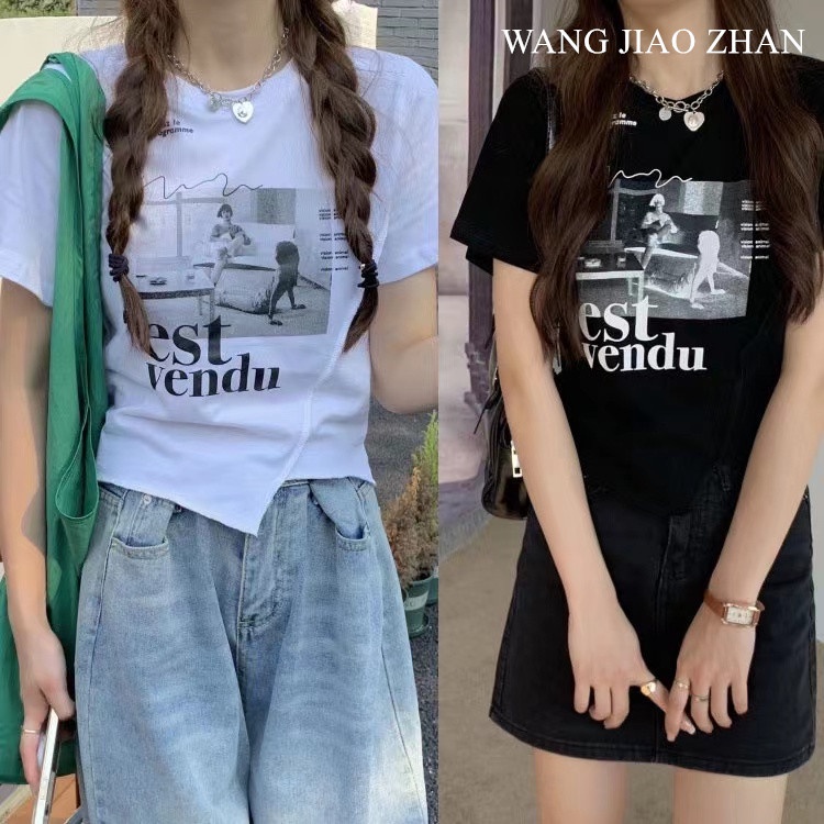 【WJZ】เสื้อยืดแขนสั้นพิมพ์ลายต้นฉบับสไตล์อเมริกันของผู้หญิงทันสมัย【30】