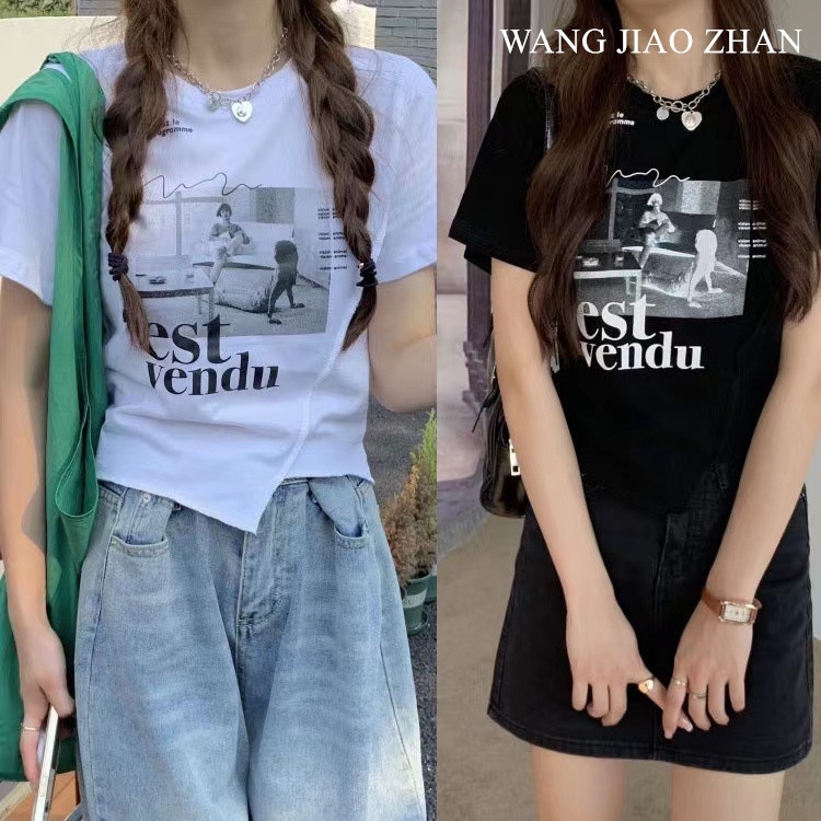 【WANG JIAO ZHAN】เสื้อยืดแขนสั้นพิมพ์ลายต้นฉบับสไตล์อเมริกันของผู้หญิงทันสมัย【30】