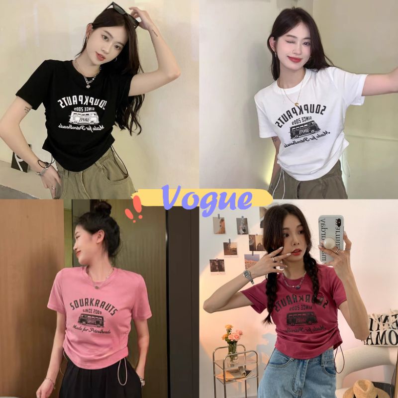Vogue🌟พร้อมส่ง🌟 เสื้อไหมพรมแขนสั้น คอกลม ครอปนสั้นดีเทลรูดข้าง (52176) -C