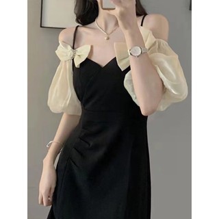พร้อมส่ง✨ชุดเดรสสีดำเจ้าอารมณ์สายเดี่ยวไหล่ไม่มีสายหนังรอบเอวใหม่กระชับสัดส่วนตาข่ายประกบกระโปรงยาวปานกลาง