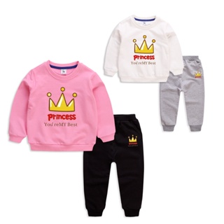 **ใหม่ ชุด** 8 Colors Kids Long Sleeve Cotton crown Cartoon Sweater+ Pants Set(Wholesale Available)