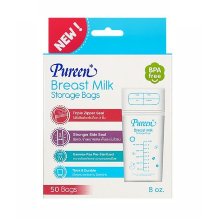 Pureen Breast Millk Storage Bag 8 Oz. 50's ถุงเก็บน้ำนมเพียวรีน 3 ซิป จำนวน 50 ชิ้น