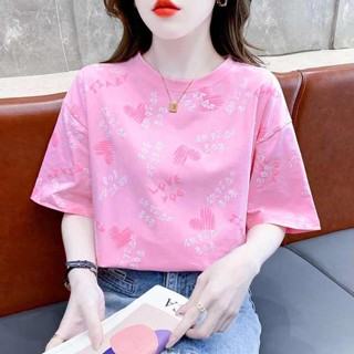 shein thailand เสื้อยืดแขนสั้นผ้ามัดย้อมผ้าคอตตอน100% ดีไซน์สไตล์ตะวันตกสำหรับผู้หญิง2023ฤดูร้อนสไตล์เกาหลีทรงหลวมใส่แล้วดูผอมแมทช์ลุคง่ายยอดนิยม