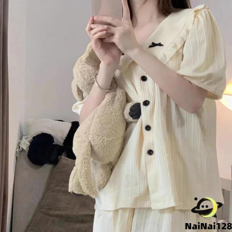 ดนอนผ้าคอตตอน แขนขาสั้น สไตล์เกาหลี ผู้หญิง cotton pajamas【NaiNai 128】