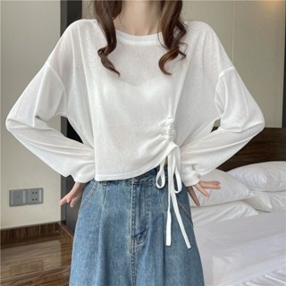 ใหม่ เสื้อยืด แขนยาว ผ้าถัก ทรงหลวม สีขาว มีเชือกผูก สําหรับผู้หญิง