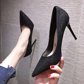 รองเท้าส้นสูงผู้หญิงฝรั่งเศส Stiletto Heel 2022 ใหม่ปลายแหลมเซ็กซี่เงินรองเท้าแต่งงานสีดํามืออาชีพอเนกประสงค์สุทธิคนดังร