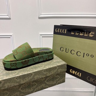 [EUR Size] G GUCCI Co-Branded ad 2022 รองเท้าแตะ ส้นหนา เหมาะกับฤดูใบไม้ผลิ และฤดูร้อน สําหรับผู้หญิง