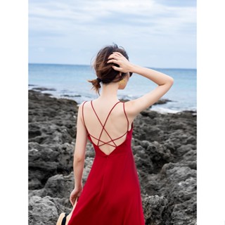 💞ขายใหญ่💞Sanya Seaside Holiday Dress Red Sexy Backless Beach Female Summer Chiffon Strap Chest Pad Desert Long Dress.