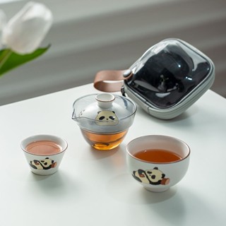 ❉✧Panda Travel Tea Set Kung Fu Tea Set Travel Portable Quick Cup One Pot Two Cups Travel Pack ชุดน้ำชากลางแจ้ง