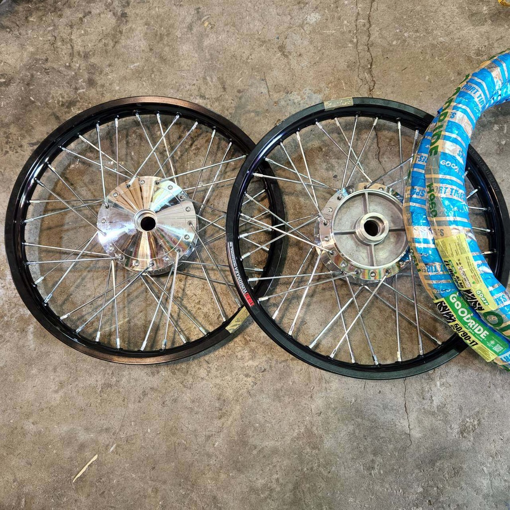 ชุดล้อ ล้อโล หน้าดั้มหลังดั้ม ดุมเงา 1.40/1.40x17 ซุปเปอร์คัพ **รุ่นดั้ม** โลดำ + ยางนอก + ยางใน , เ