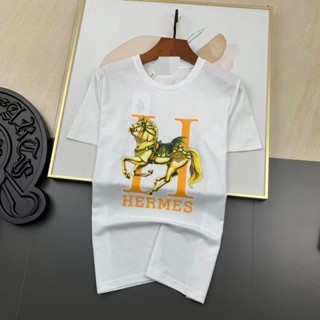 Hermes เสื้อยืดแขนสั้นลําลอง แบบเข้ารูป อเนกประสงค์ สไตล์ยุโรป สําหรับผู้ชาย และผู้หญิง