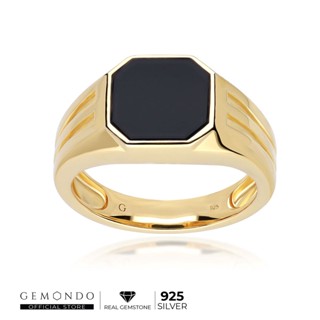 Gemondo แหวนผู้ชายเงินแท้ 925 ชุบทอง 18K ประดับนิลดำ (Black Onyx) ทรงแปดเหลี่ยมหน้าเรียบ : แหวนพลอยผู้ชาย แหวนนิล