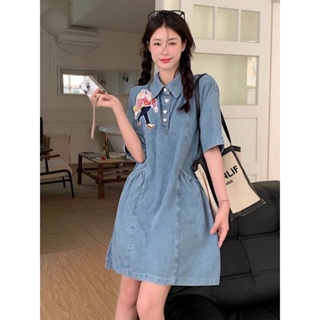 ✐✐❈300 Jin Fat mm French Polo Collar Denim Dress Women s Summer Waist Slimming Versatile Outerwear A-Line Short Skirt