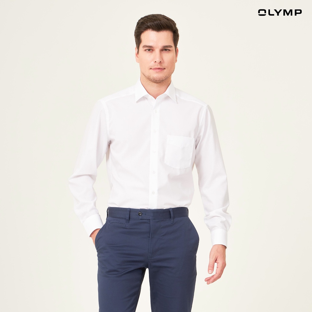 OLYMP LUXOR Shirt เสื้อเชิ้ตชาย สีขาว ผ้าเท็กเจอร์ลายก้างปลา ทรงหลวม ใส่สบาย รีดง่าย NOSLUX