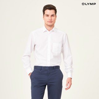 OLYMP LUXOR Shirt เสื้อเชิ้ตสีขาว ผ้าเท็กเจอร์ลายก้างปลา ทรงหลวม ใส่สบาย รีดง่าย เสื้อเชิ้ตชาย