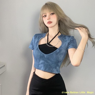 พร้อมส่ง💖Halter คอสาวร้อนด้านบนใหม่ของผู้หญิงมัดย้อมโซ่สั้นเสื้อยืดแขนสั้น