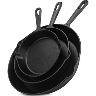 Utopia Kitchen Pre-Seasoned Cast Iron Skillet Set 3-Piece - 16、20、26cm Cast Iron Set with Red Silicone Hot Handle Holder