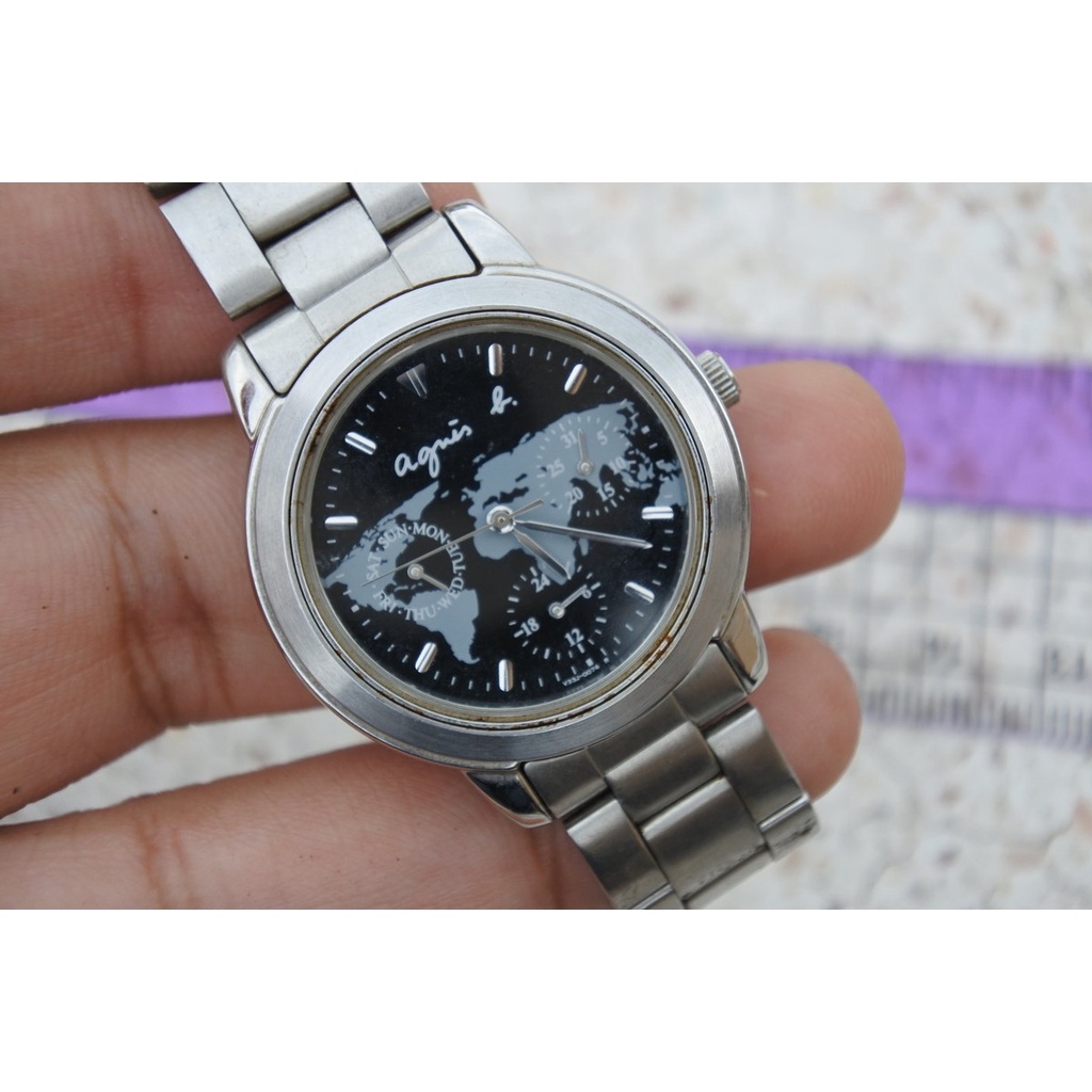 นาฬิกา Vintage มือสองญี่ปุ่น ALBA V33J 0010 เดินหมดทุกเข็ม ระบบ QUARTZ ผู้หญิง ทรงกลม กรอบเงิน หน้าดำ หน้าปัด 34มม
