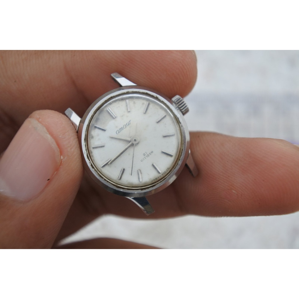 นาฬิกา Vintage มือสองญี่ปุ่น CITIZEN ชุบทอง AMOUR ระบบ ไขลาน ผู้หญิง ทรงกลม กรอบเงิน หน้าขาว หน้าปัด 23มม