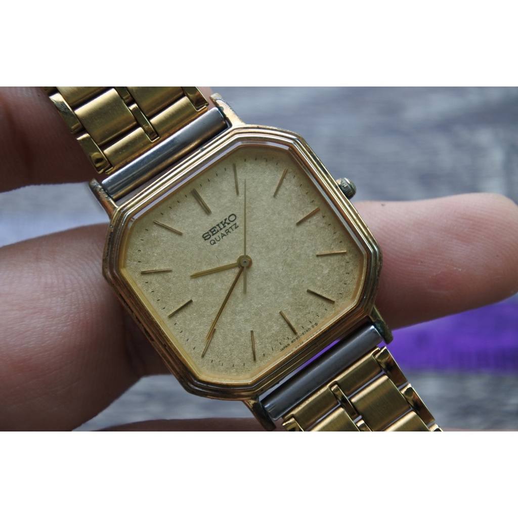 นาฬิกา Vintage มือสองญี่ปุ่น SEIKO 6030 5650 ชุบทอง ระบบ QUARTZ ผู้ชาย รูปแปดเหลี่ยม กรอบทอง หน้าทอง หน้าปัด 31มม