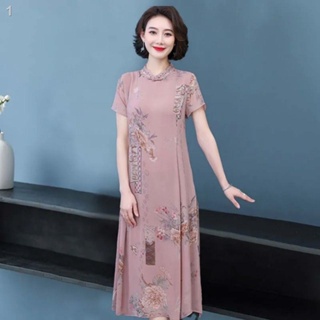 เดรส✢✶✖ชุดฤดูร้อนแม่วัยกลางคนปรับปรุงชุด cheongsam ใหม่สไตล์ต่างประเทศ 40-50 กระโปรงอารมณ์แขนสั้นผู้หญิงวัยกลางคนและผู้ส