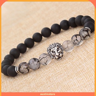 【Austinstore】สร้อยข้อมือลูกปัดหิน รูปสิงโต สีเงิน ปรับได้ สําหรับสวมใส่ทุกวัน