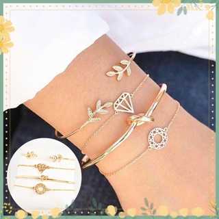 4Pcs Leaf Knot ชุดสร้อยข้อมือเปิด Cactus LadyBangle Vintage