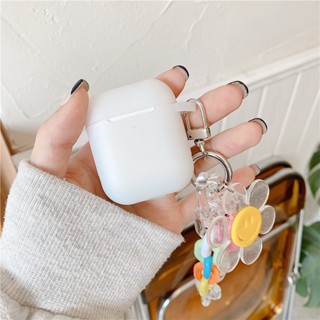 เคสหูฟัง ซิลิโคนนิ่ม ลายดอกทานตะวัน พร้อมสายโซ่คล้อง สีขาว สําหรับ AirPods 1 2 Pro