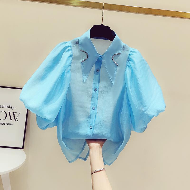 พร้อมส่ง XS-3XL;สินค้ายุโรป; ปลอกคอตุ๊กตา; ประดับด้วยเพชร แขนบอลลูน; ขาว; เสื้อเชิ้ต; ผู้หญิง; ฤดูร้อน; ก๊าซต่างประเ