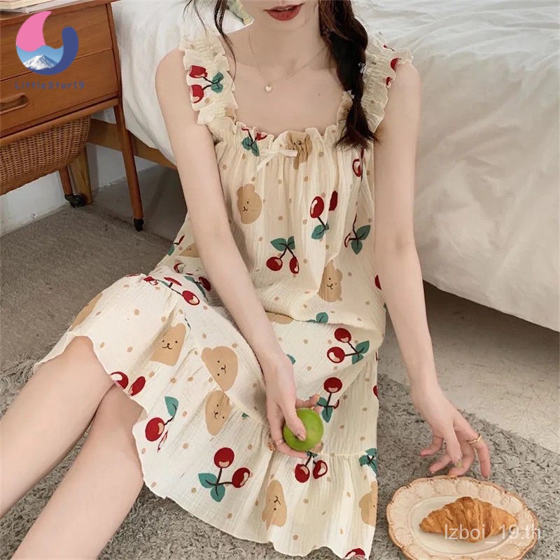 ชุดเดรสเกาหลี เดรสลายดอก รูปหมี น่ารัก มาใหม่ คอเหลี่ยม Women's pajamas 【LittleStar19】