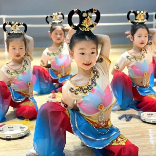 ** Hanfu * Flying Music Drum Performance เครื่องแต่งกาย Dunhuang Dance เครื่องแต่งกายเต้นรํา สไตล์ชนเผ่า คลาสสิก เครื่องแต่งกายเด็ก ประสิทธิภาพสูง แทมบูรีน