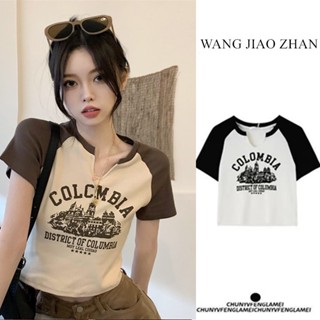 WANG JIAO ZHAN เสื้อยืด เสื้อครอปไหมพรมแขนสั้น หน้าวี vintage style