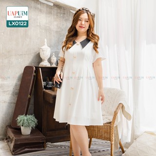 (LX0122)ชุดเดรสสาวอวบเดรสสีทูโทนแขนสั้น คอปกสลับสี มีซับด้านใน รูดซิปด้านข้าง ด้านหน้ากระดุมหลอก