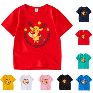 พร้อมส่ง เสื้อยืดแขนสั้น คอกลม ผ้าฝ้าย 100% ลายการ์ตูนคริสต์มาส 8 สี สําหรับเด็ก GA002