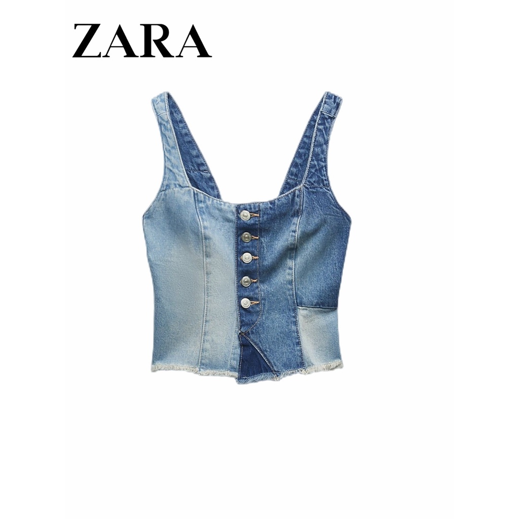 Zara ใหม่ เสื้อท็อป ผ้ายีน เซ็กซี่ ปักลาย สําหรับผู้หญิง