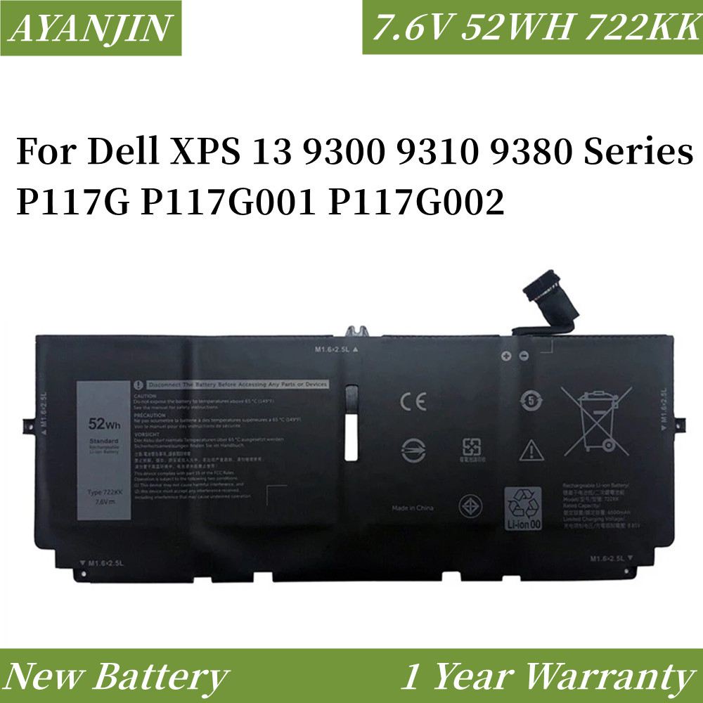 722KK 7.6V 52Wh แบตเตอรี่แล็ปท็อปสำหรับ Dell XPS 13 9300 9310 9380 Series P117G P117G001 P117G002 2X