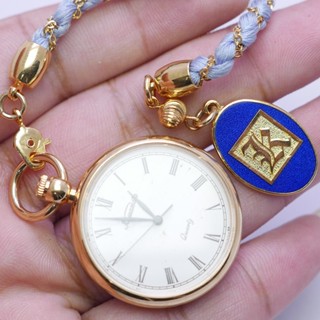 นาฬิกา Vintage มือสองญี่ปุ่น Pocket Watch นาฬิกาพกKAWAMOTOระบบQUARTZ พร้อมโซ่ ทรงกลม กรอบทอง หน้าปัดตัวเลขโรมัน 33มม