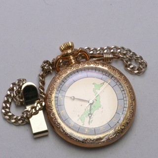 นาฬิกา Vintage มือสองญี่ปุ่น Pocket Watch นาฬิกาพกแผนที่ประเทศญี่ปุ่น ภูเขาฟูจิ พร้อมโซ่ ทรงกลม กรอบทอง หน้าทอง 45มม