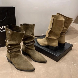 ❀♧2023 ฤดูร้อนใหม่ชี้ toe retro western cowboy boots ผู้หญิง mid-tube pleated pile boots ส้นหนารองเท้าบูทสั้นคุณภาพสูง