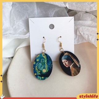 {stylishlife} Women Enamel Niche Oil Painting Asymmetrical Wooden Pendant Hook Earrings