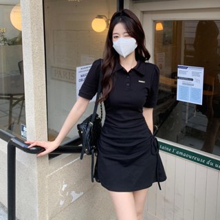 polo领连衣裙女夏季韩版2023新款修身显瘦抽绳甜辣妹包臀小黑短裙