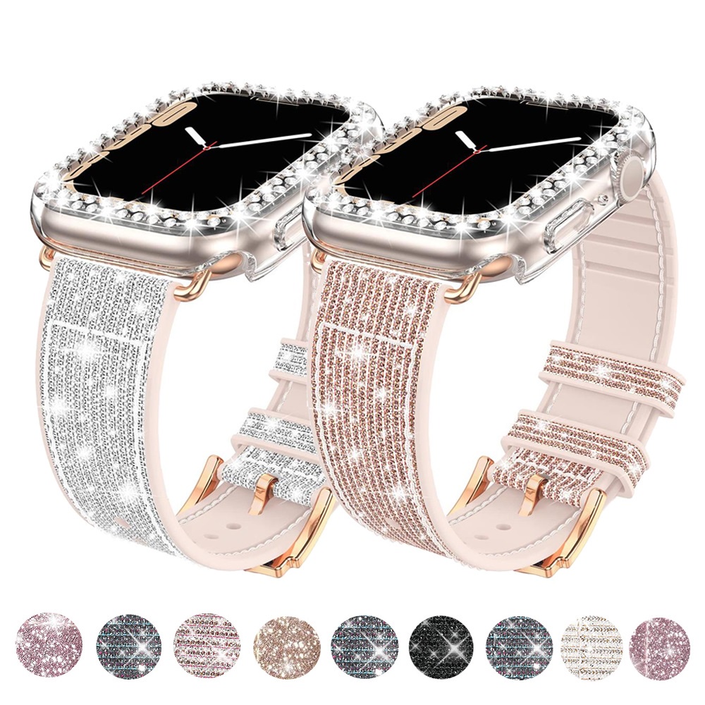 ♙♨✧Case+silicone Leather Strap For Apple watch band 40mm 44mm 41mm 45mm 38mm 42 44 Bling bracelet iWatch serie 3 4 5 6 s