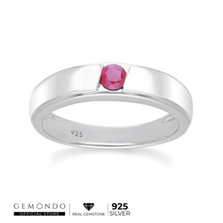 Gemondo แหวนเงินแท้ 925 Sterling Silver ชุบโรเดียม ประดับทับทิม (Ruby) ขนาด 3.5 มม. ทรงปลอกมีดขอบพ่นทราย