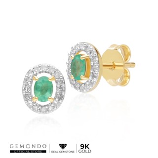 Gemondo ต่างหูทองคำ 9K ประดับมรกต (Emerald) สไตล์คลาสสิกทรงรีเพชรล้อม ดีไซน์สตัด : ต่างหูพลอย ต่างหูติดหู ต่างหูทองแท้