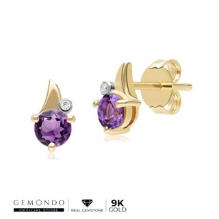 Gemondo ต่างหูทองคำ 9K ประดับอเมทิสต์ (Amethyst) และเพชร ดีไซน์ใบไม้ ทรงสตัด