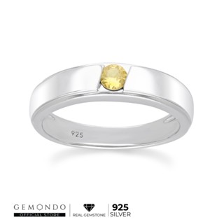 Gemondo แหวนเงินแท้ 925 Sterling Silver ชุบโรเดียม ประดับบุษราคัม (Yellow Sapphire) ขนาด 3.5 มม. ทรงปลอกมีดขอบพ่นทราย