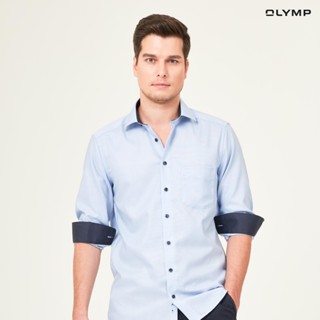 OLYMP LUXOR Shirt เสื้อเชิ้ตชาย  สีฟ้าผ้าเท็กเจอร์ แต่งดีเทลน้ำเงิน ทรงหลวม ใส่สบาย รีดง่าย