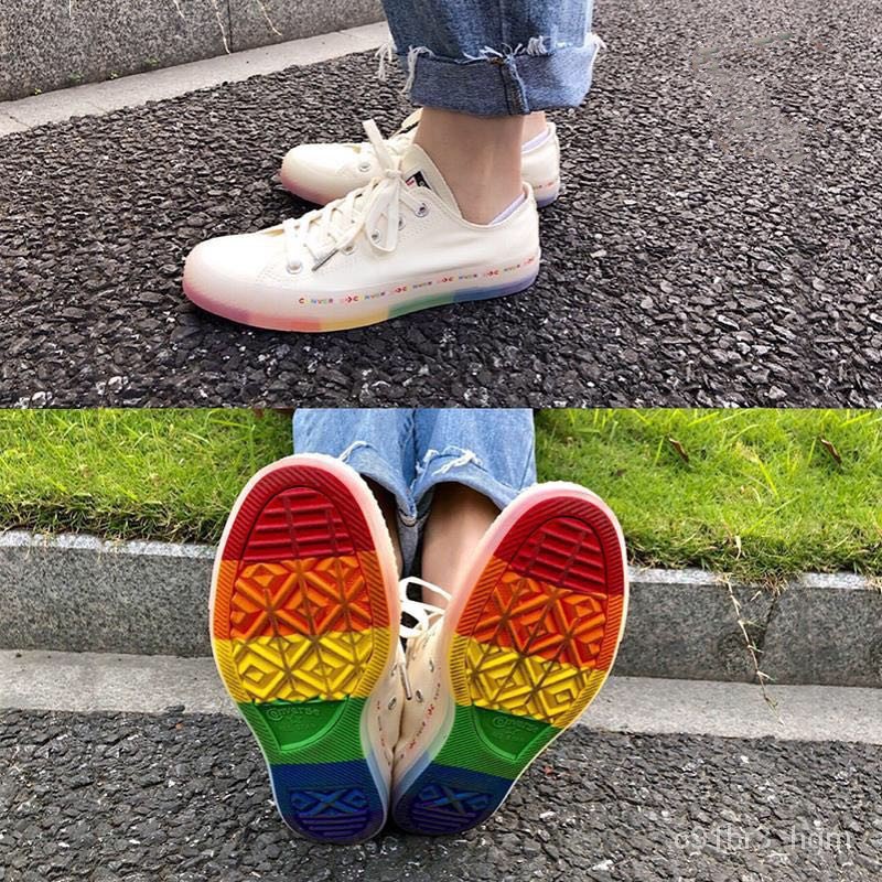 Converse All Star Beige Canvas Rainbow BOTTOM รองเท้าผู้ชายและผู้หญิง165613c